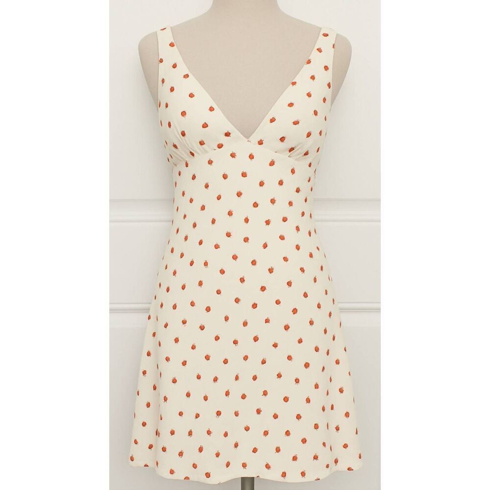 Zara women medium mini flare slip dress beige cream red strawberry viscose silk